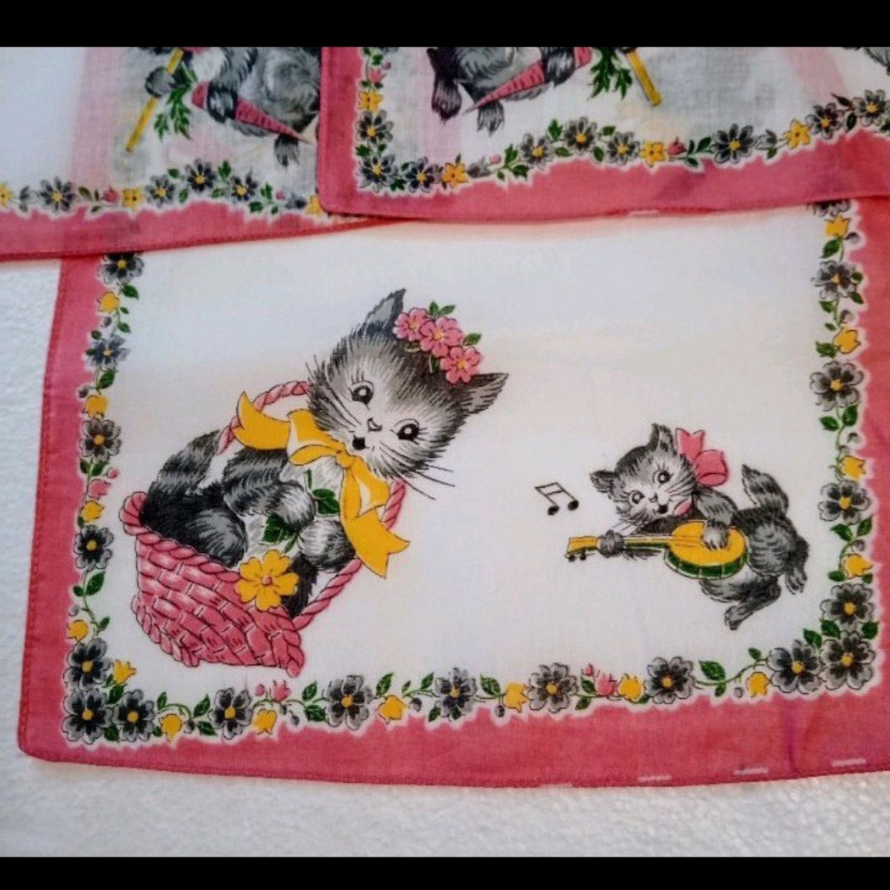 VTG NEW Never Used Crisp AnpromorphicPlayful Grey Kitty Pink White Hanky 50s/60s - Picture 2 of 12